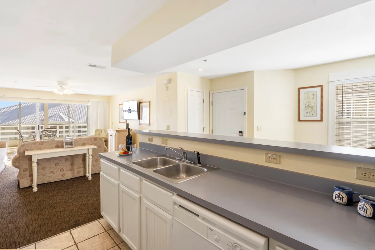 A view of the kitchen counter and living area, with large windows letting in natural light. The layout is open, providing a sense of connection between cooking, dining, and relaxing spaces.